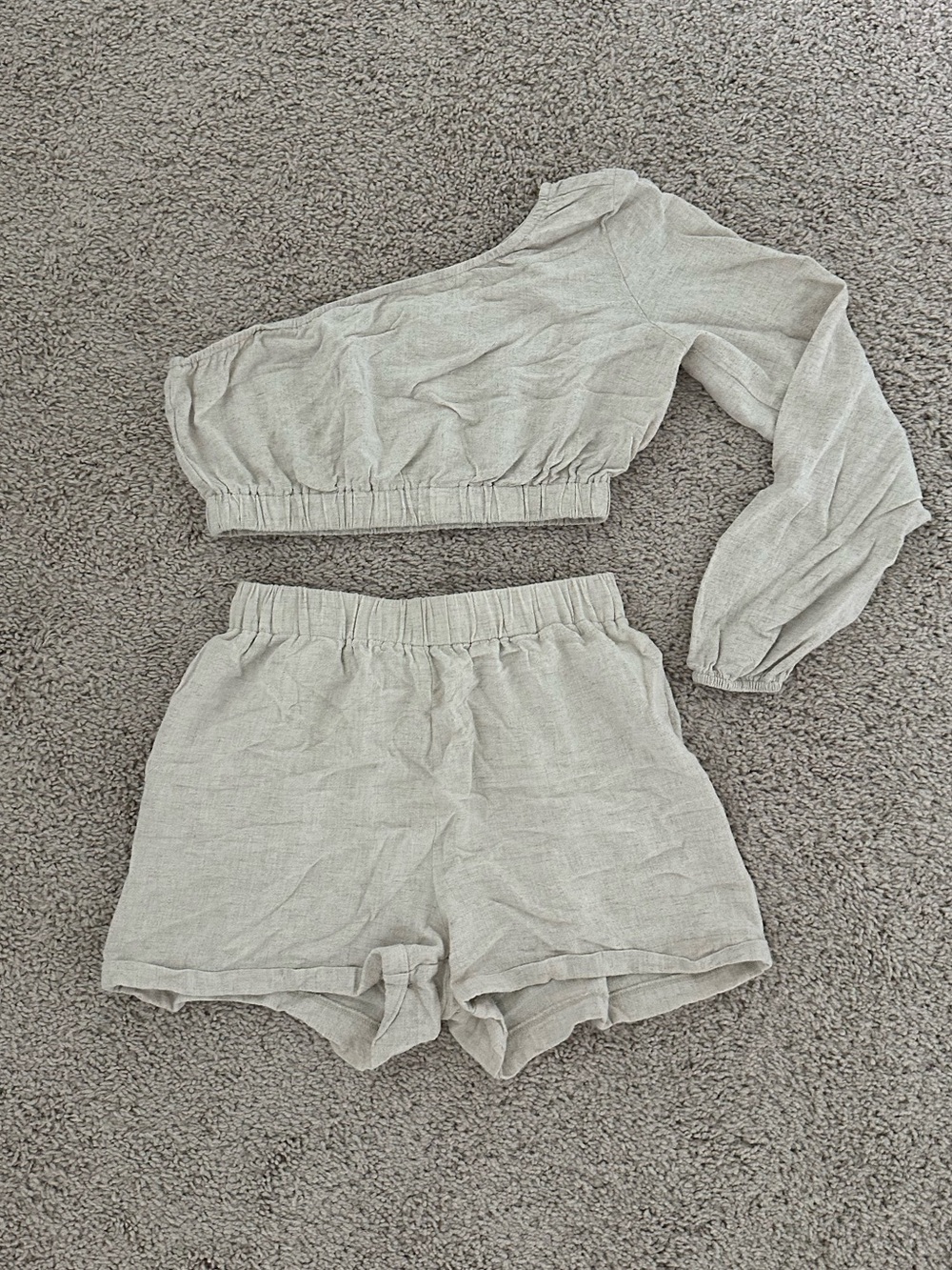 Forever 21 Light Beige One-Shoulder Crop Top & High-Waist Shorts Set